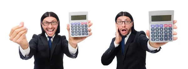 Człowiek z kalkulatorem odizolowany na białym — Zdjęcie stockowe