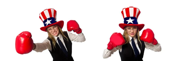 Mulher com luvas de boxe isolado em branco — Fotografia de Stock