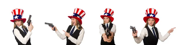 Kvinna bär hatt med amerikanska symboler — Stockfoto