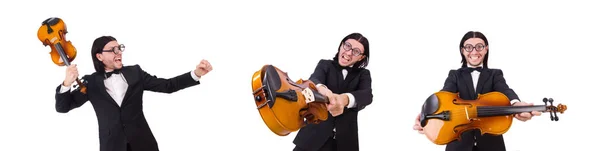 Homme drôle avec instrument de musique sur blanc — Photo