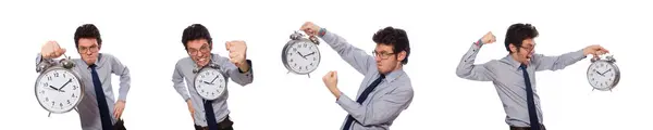 Jovem empresário com relógio isolado em branco — Fotografia de Stock