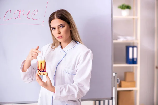 Doctora joven de pie frente a la pizarra blanca —  Fotos de Stock