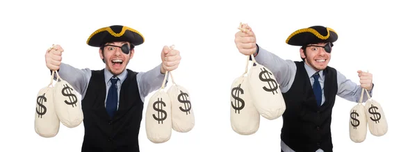 One-eyed man with moneybags isolated on white — Stock Photo, Image