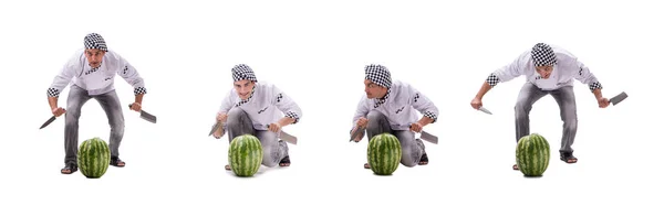 Fiatal férfi szakács görögdinnye elszigetelt fehér — Stock Fotó