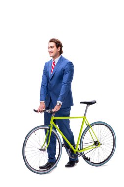 Beyaz arka plan üzerinde izole Bisiklet ile işadamı