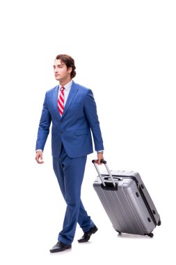 Genç yakışıklı işadamı beyaz izole çanta 