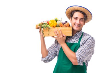 Beyaz arka planda taze ürünleri olan genç çiftçi.