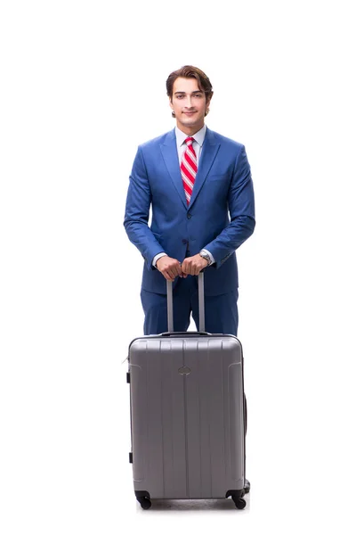 Jovem empresário bonito com mala isolada em branco — Fotografia de Stock
