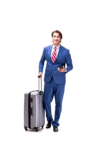 Young handsome businessman with suitcase isolated on white 