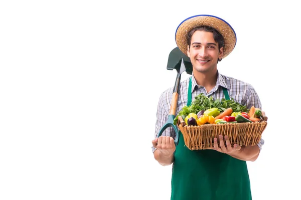 Jovem agricultor com produtos frescos isolados sobre fundo branco — Fotografia de Stock