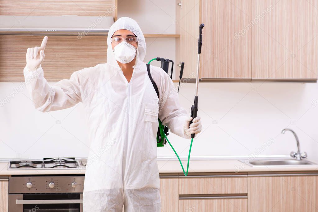 Professional contractor doing pest control at kitchen