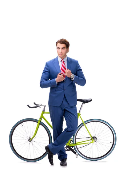 Empresario con bicicleta aislada sobre fondo blanco — Foto de Stock