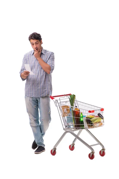 Junger Mann mit Einkaufswagen auf weißem Grund — Stockfoto