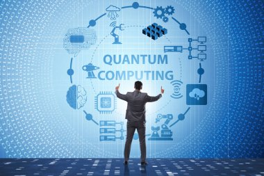 İş adamı kuantum hesaplama kavramında sanal düğmeye basıyor