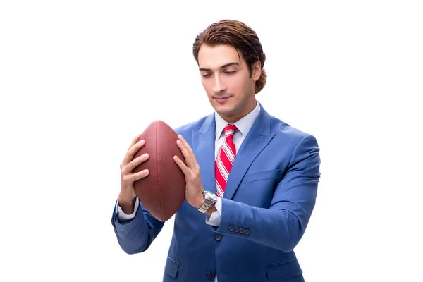 Joven hombre elegante con pelota de rugby aislado en blanco —  Fotos de Stock