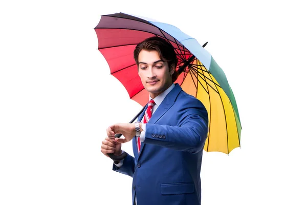 Elegante zakenman houden geïsoleerd op witte paraplu — Stockfoto