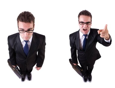 Beyaz izole evrak çantası ile takım elbiseli erkek çalışan 