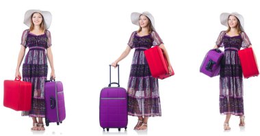 Bavul üzerinde beyaz izole olan kadın