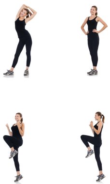 Beyazlar üzerinde izole edilmiş egzersizler yapan genç kadın. 