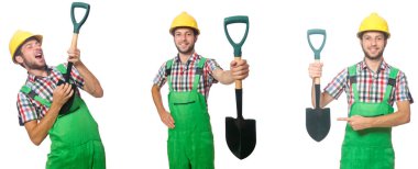 Kürekli sanayi işçisi beyaza izole edilmiş.