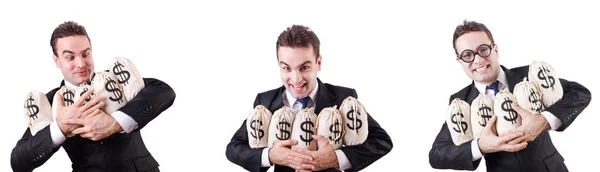 Affärsman med pengar säckar isolerad på vit — Stockfoto
