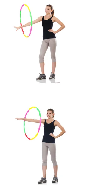 Giovane donna con hula hoop isolato su bianco — Foto Stock