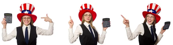 Κολάζ με γυναίκα και αμερικανική καπέλο — Φωτογραφία Αρχείου