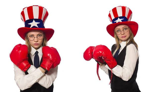 Collage con mujer y sombrero americano — Foto de Stock