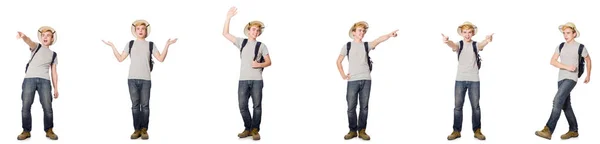 Young boy in cork helmet with backpack — Stock Photo, Image