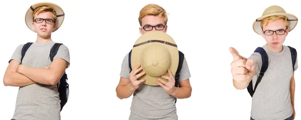 Niño en casco de corcho con mochila — Foto de Stock