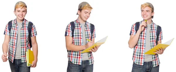 Student z plecaka i notatki na białym tle — Zdjęcie stockowe