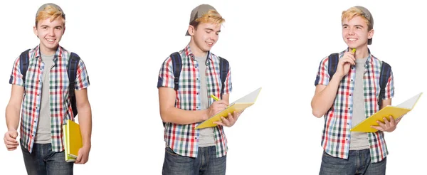 Estudiante con mochila y notas aisladas en blanco —  Fotos de Stock