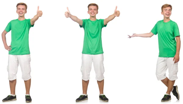 Jovem rapaz em t-shirt verde isolado em branco — Fotografia de Stock