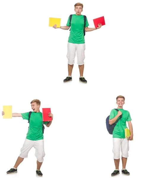 Jeune étudiant avec sac à dos et notes isolé sur blanc — Photo