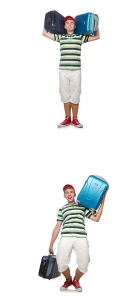 Young man with suitcase isolated on white — Stock Photo, Image