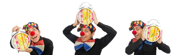 Lustiger Clown mit Uhr isoliert auf weiß — Stockfoto