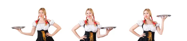 Молодая официантка с подносом на белом — стоковое фото