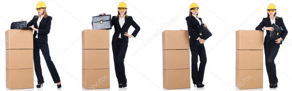 Woman builder with box isolated on white 