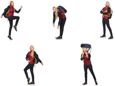 Sırt çantalı genç bir kadın bembeyaz 