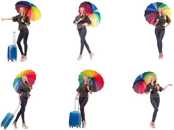 带着手提箱和雨伞的女人被白色隔离了 — 图库照片