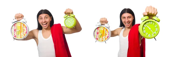 Homme drôle avec horloge isolé sur blanc — Photo