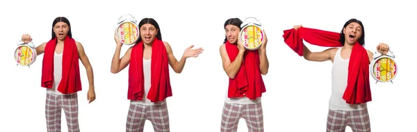 Hombre divertido con reloj aislado en blanco — Foto de Stock