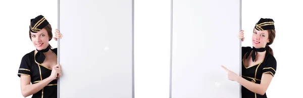 Hôtesse avec tableau blanc sur blanc — Photo