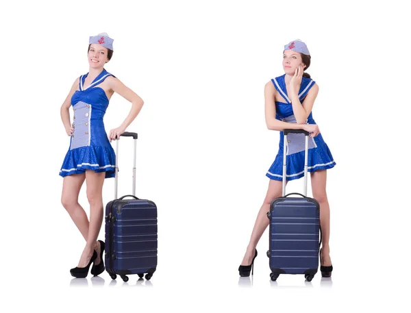 Femme avec valise isolée sur blanc — Photo