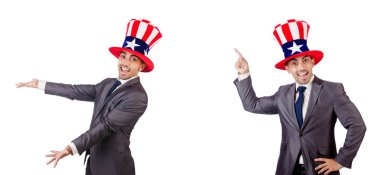 adam beyaz izole Amerikan şapka ile 