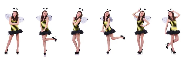 꿀벌 의상 흰색 절연에 젊은 여자 — 스톡 사진