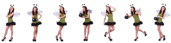 Young woman in bee costume isolated on white — Stock Photo, Image