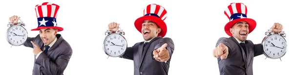 Zaman yönetimi kavramı Amerikan şapkalı adam — Stok fotoğraf