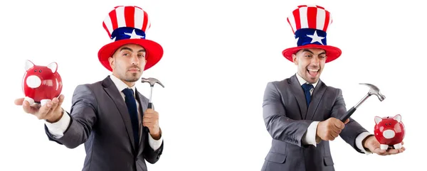 Man met Amerikaans hoed en spaarpot en hummer — Stockfoto