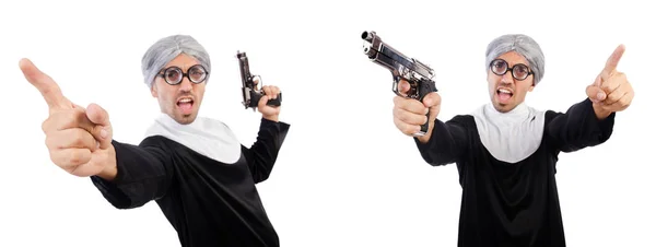 Man in nun jurk met pistool — Stockfoto